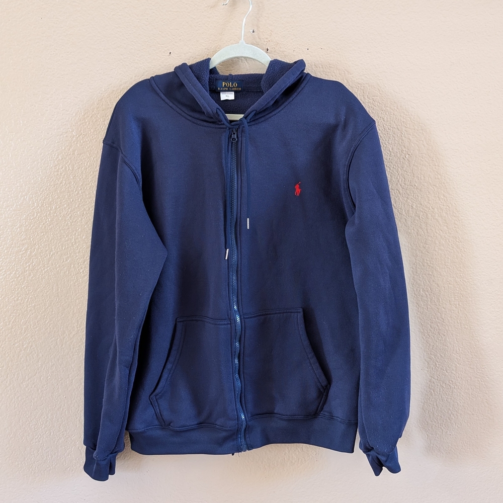 Polo by Ralph Lauren Navy Blue Full Zip Hoodie Mens XL Red Embroidered Pony
